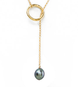 Circle Chain Lariat Tahitian Pearl Necklace - Gold Filled