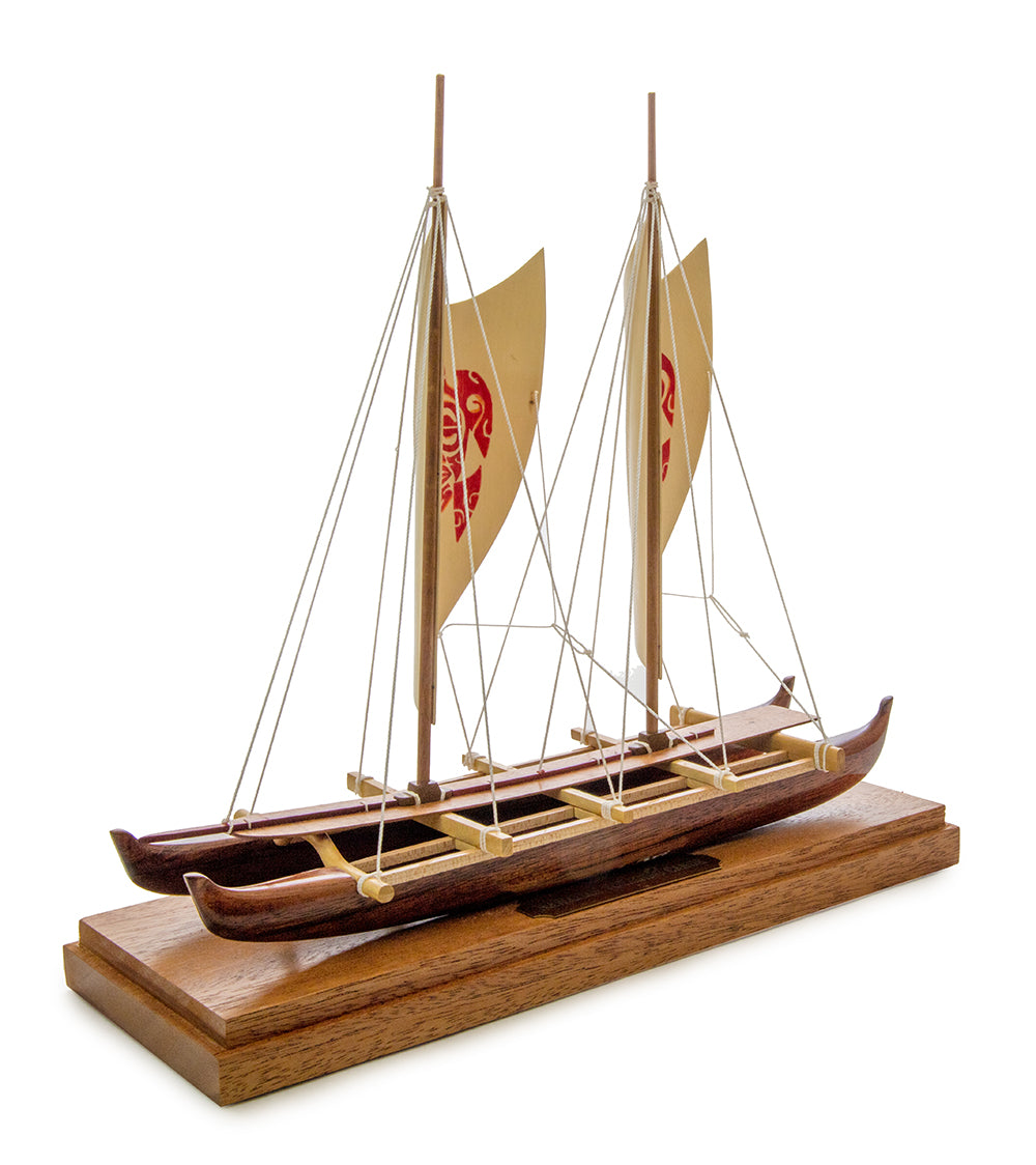 Koa 11.5”L Canoe "Hawaiian Voyage 2 Hull Sail" by Francis Pimmel - PIMM36056C-FinsDown