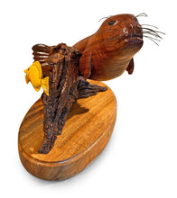 Koa Wood Sculpture "Hawaiian Monk Seal with Yellow Tang" by Craig Nichols