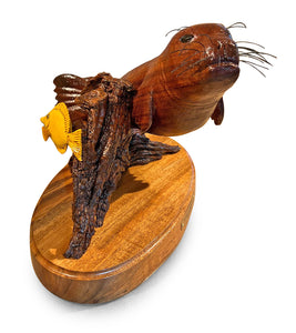 Koa Wood Sculpture "Hawaiian Monk Seal with Yellow Tang" by Craig Nichols