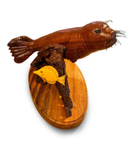 Koa Wood Sculpture "Hawaiian Monk Seal with Yellow Tang" by Craig Nichols