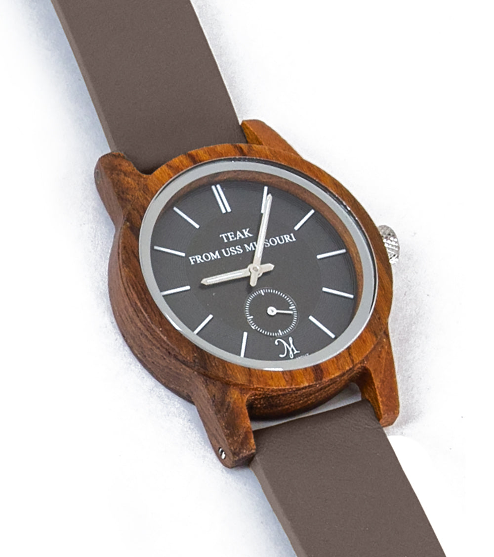 Reloj USSM de teca con correa de cuero marrón - 31702