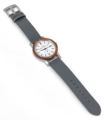 Reloj USSM de teca y acero inoxidable con correa de cuero gris - 31703