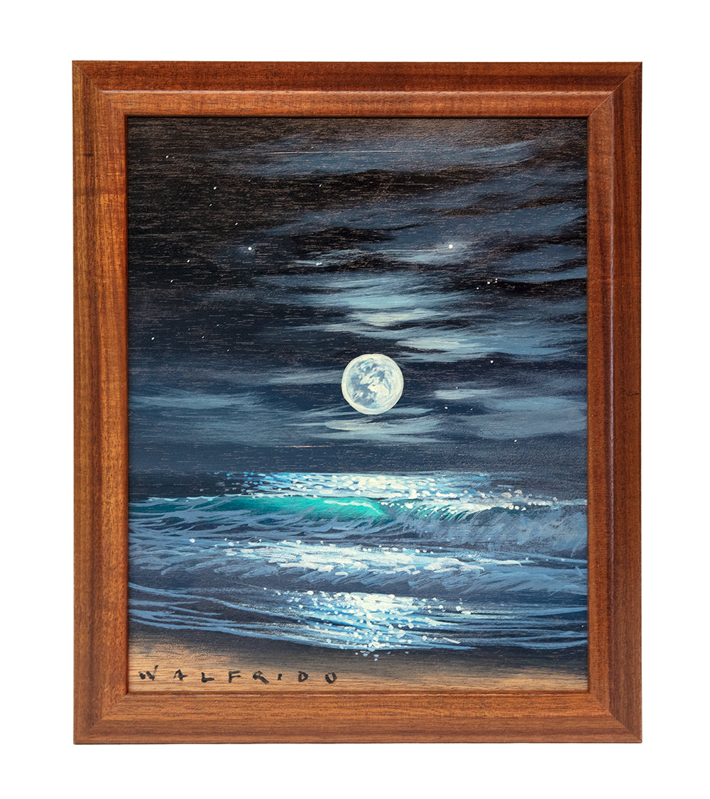 Pintura original: Acrílico sobre koa: Paisaje marino de luna llena de Walfrido García