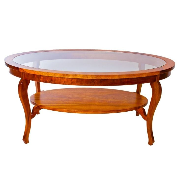 Oval Coffee Table. Glass Top. Corbel Koa Shelf